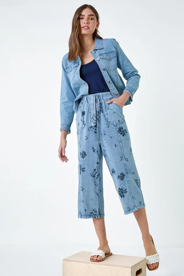 Women Denim Floral Print Culotte Trousers Roman Trousers