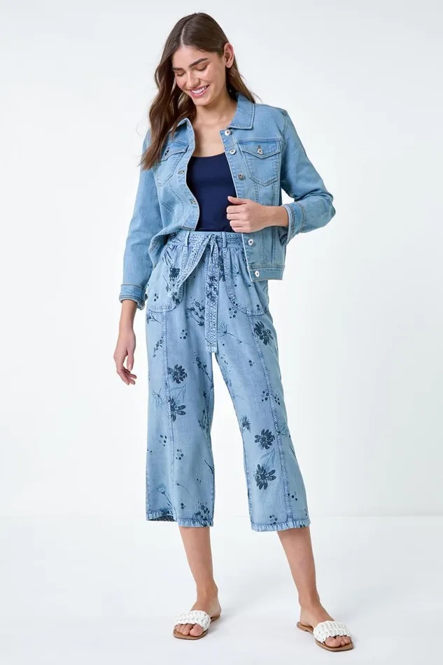 Women Denim Floral Print Culotte Trousers Roman Trousers