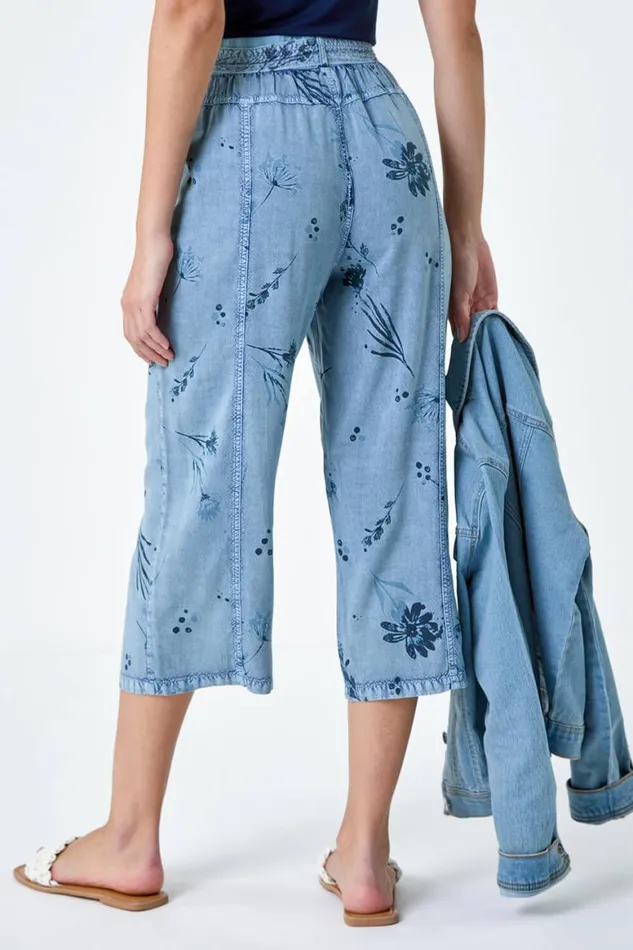 Women Denim Floral Print Culotte Trousers Roman Trousers