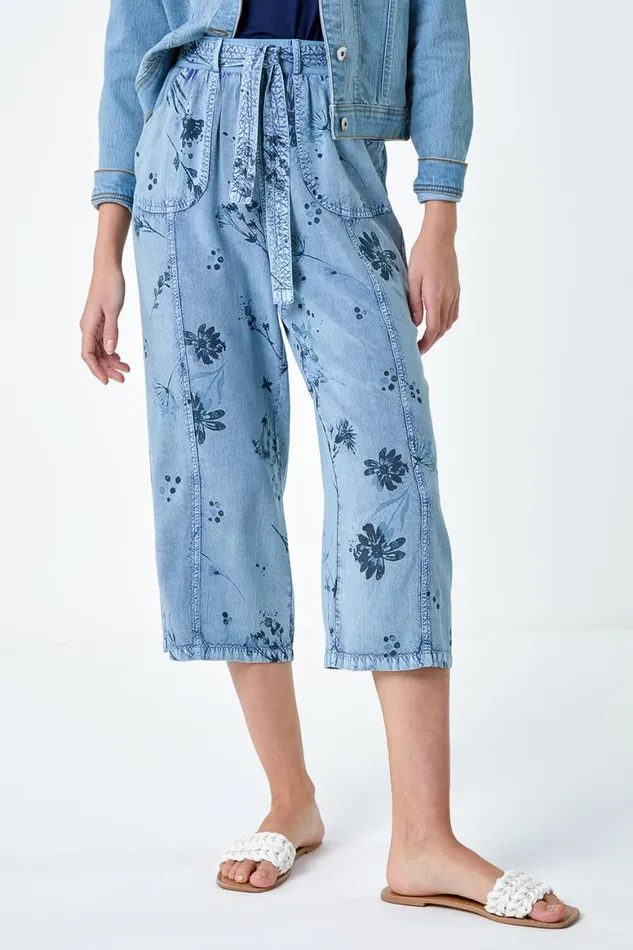Women Denim Floral Print Culotte Trousers Roman Trousers