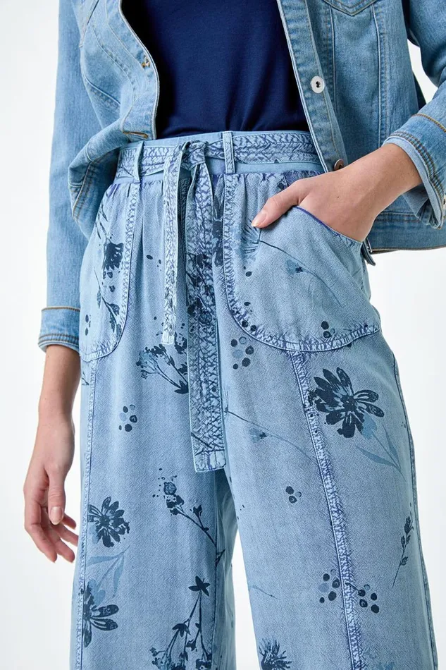 Women Denim Floral Print Culotte Trousers Roman Trousers