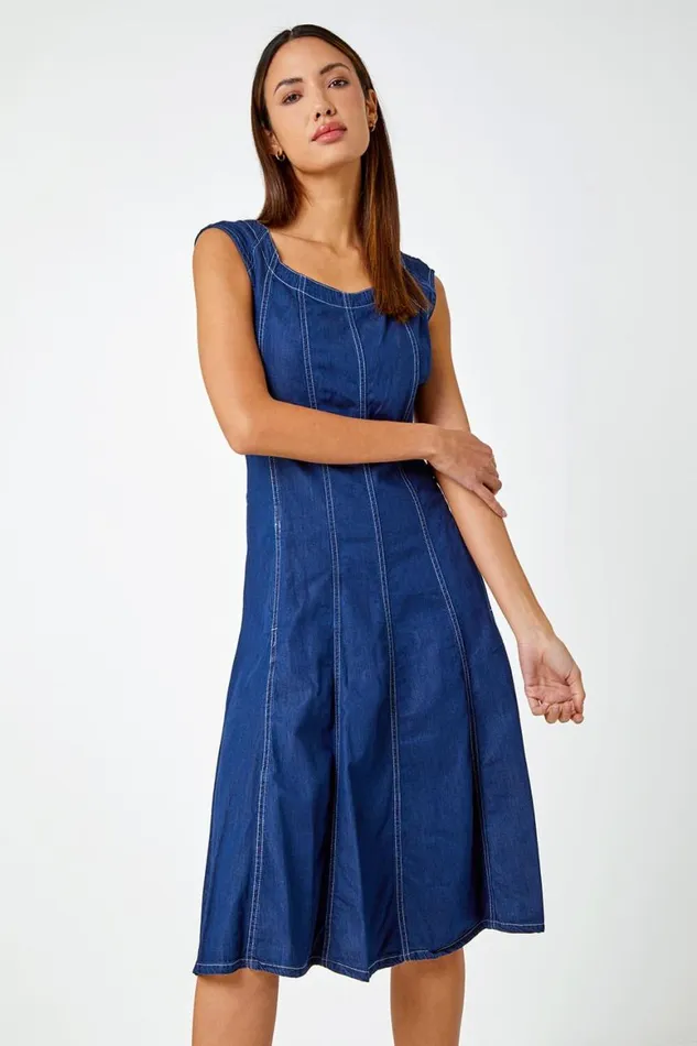 Women Denim Top Stitch Skater Dress Roman Dresses