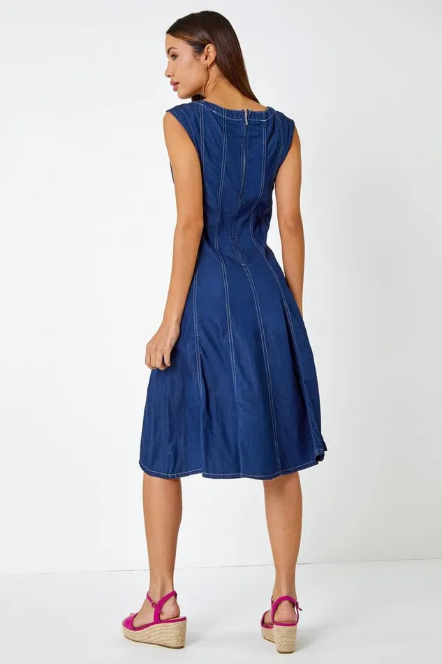 Women Denim Top Stitch Skater Dress Roman Dresses