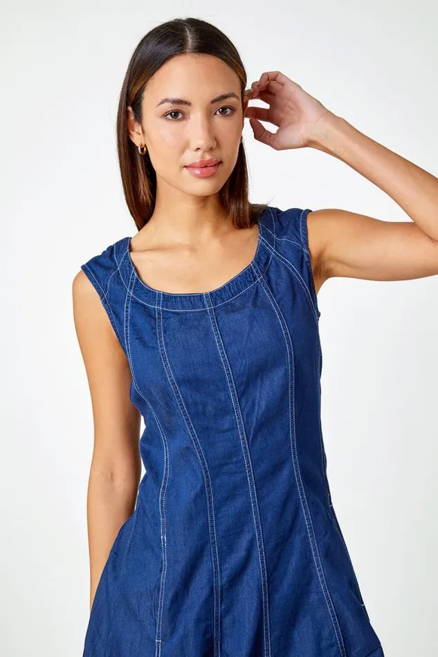 Women Denim Top Stitch Skater Dress Roman Dresses
