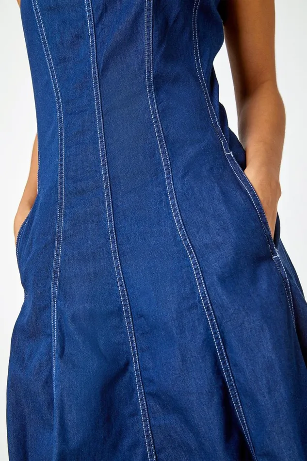 Women Denim Top Stitch Skater Dress Roman Dresses