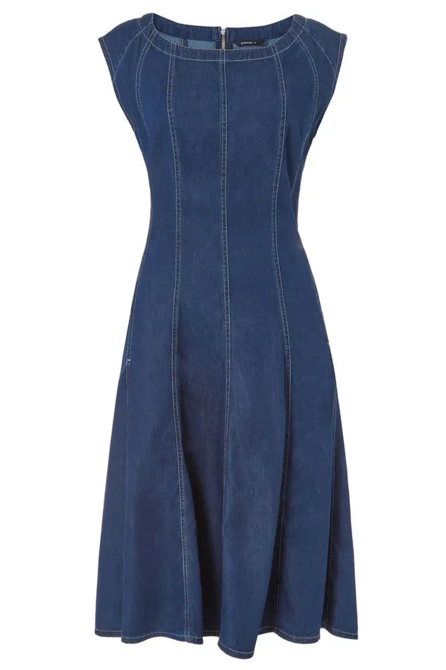 Women Denim Top Stitch Skater Dress Roman Dresses