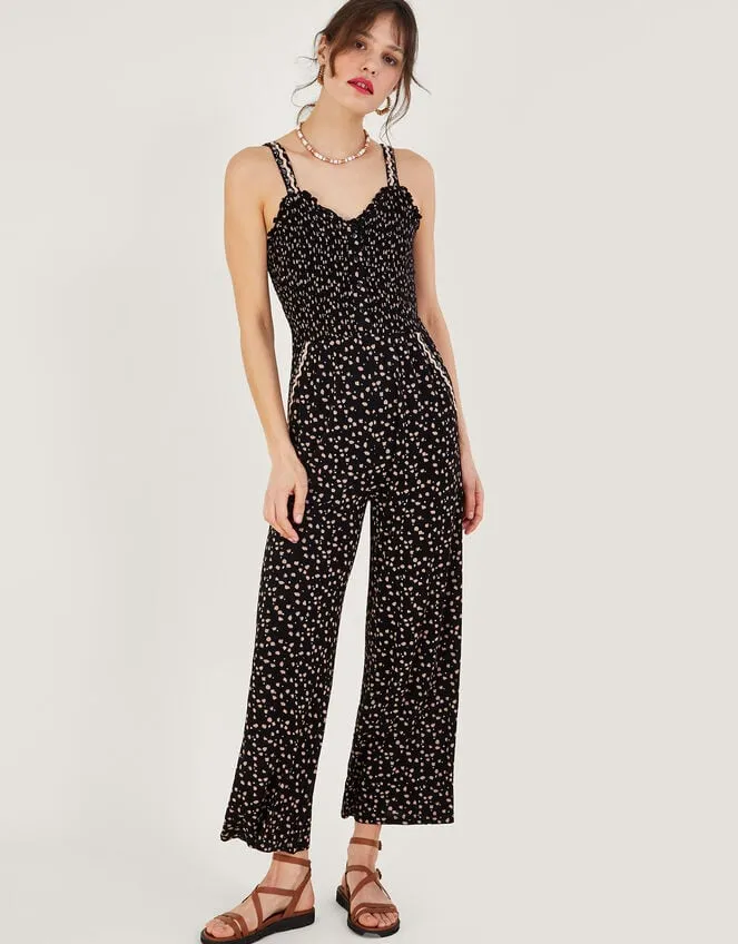 Women Dot Print Shirred Jumpsuit In Lenzing Ecovero Black Monsoon Dresses