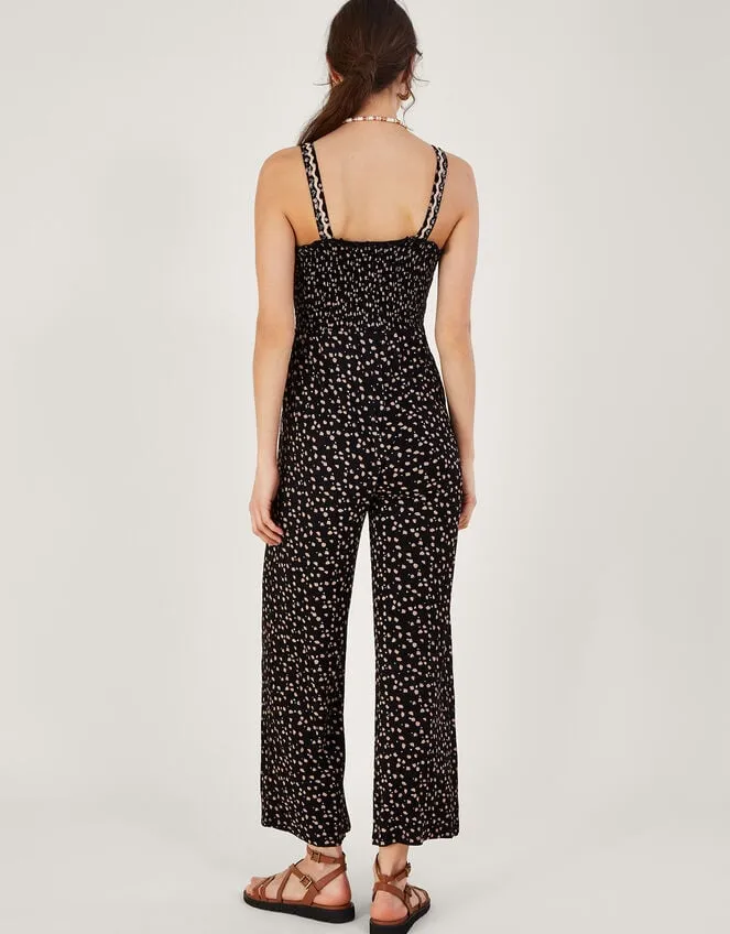 Women Dot Print Shirred Jumpsuit In Lenzing Ecovero Black Monsoon Dresses