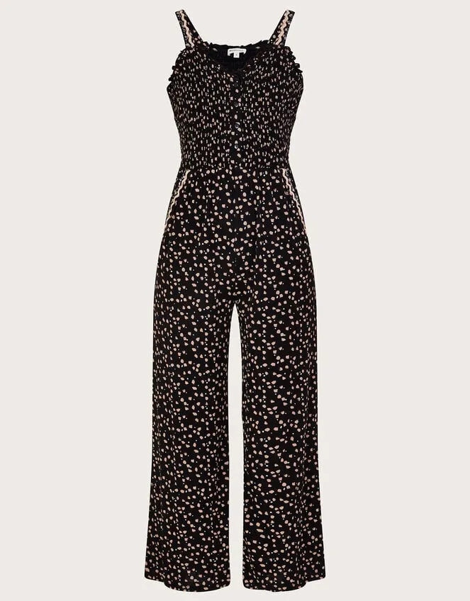 Women Dot Print Shirred Jumpsuit In Lenzing Ecovero Black Monsoon Dresses