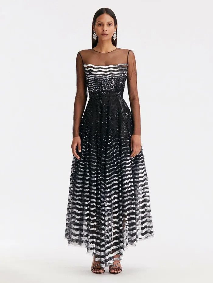 Women Dresses Oscar De La Renta Illusion Neck Sequin Wave Dress Blacksilver
