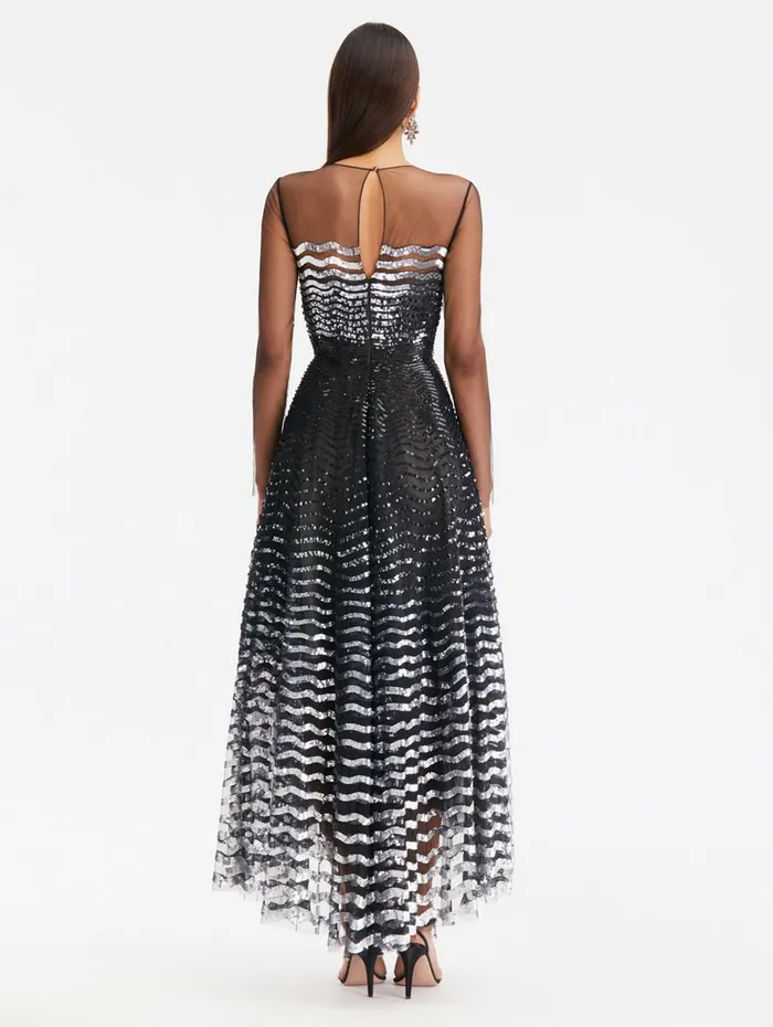 Women Dresses Oscar De La Renta Illusion Neck Sequin Wave Dress Blacksilver Women Dresses Oscar De La Renta Illusion Neck Sequin Wave Dress Blacksilver