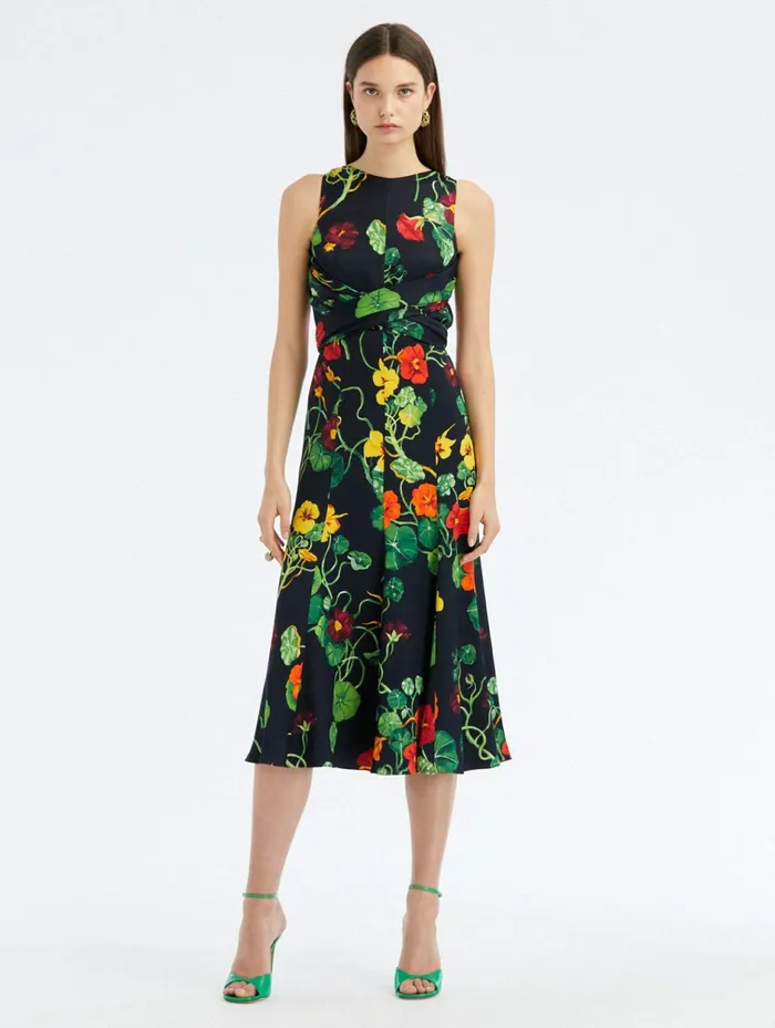 Women Dresses Oscar De La Renta Nasturtium SatinBack Crepe Dress Navy Multi