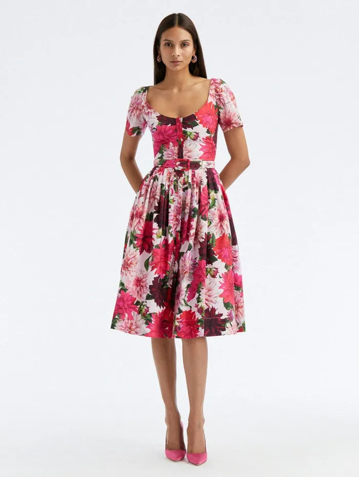 Women Dresses Oscar De La Renta Scoop Neck Dahlia Cotton Poplin Dress Pink Multi