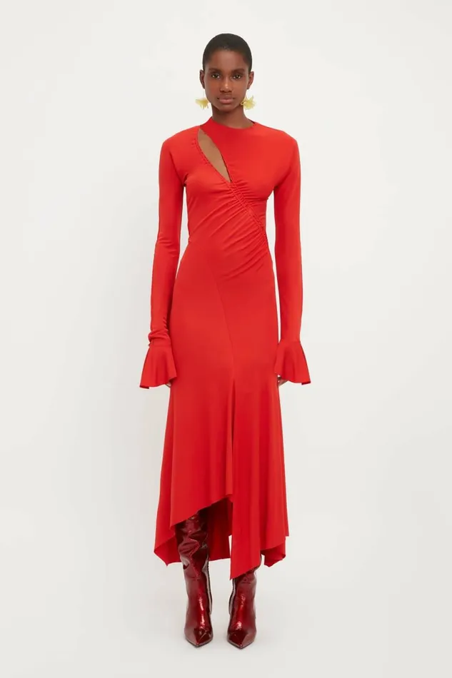 Women Dresses Victoria Beckham Asymmetric Slash Jersey Dress In Crimson