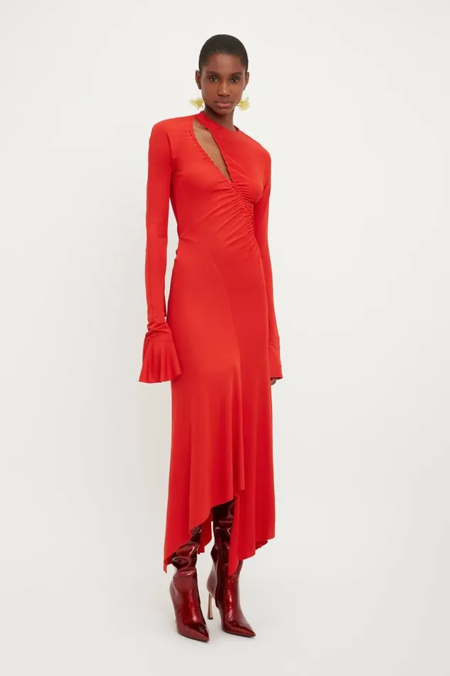 Women Dresses Victoria Beckham Asymmetric Slash Jersey Dress In Crimson