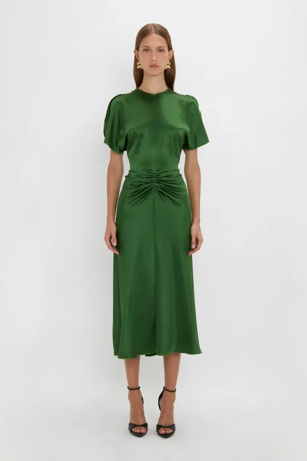 Women Dresses Victoria Beckham Gathered Waist Midi Dress In Emerald