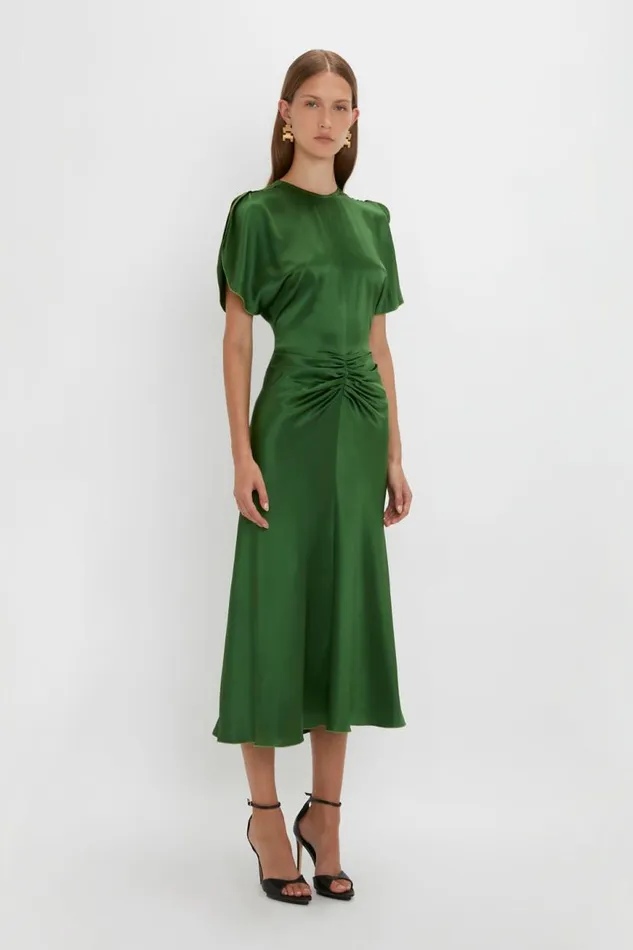 Women Dresses Victoria Beckham Gathered Waist Midi Dress In Emerald