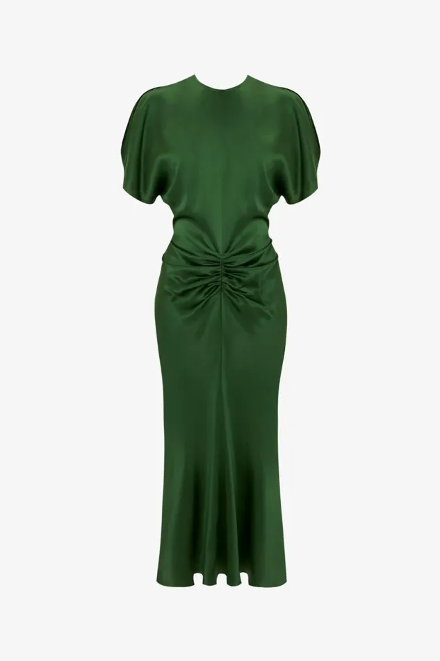 Women Dresses Victoria Beckham Gathered Waist Midi Dress In Emerald