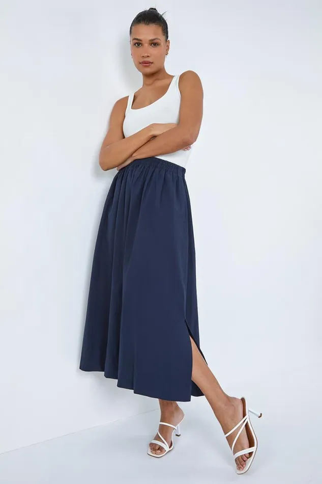 Women Elastic Waist Cotton Poplin A Line Pocket Skirt Roman Skirts