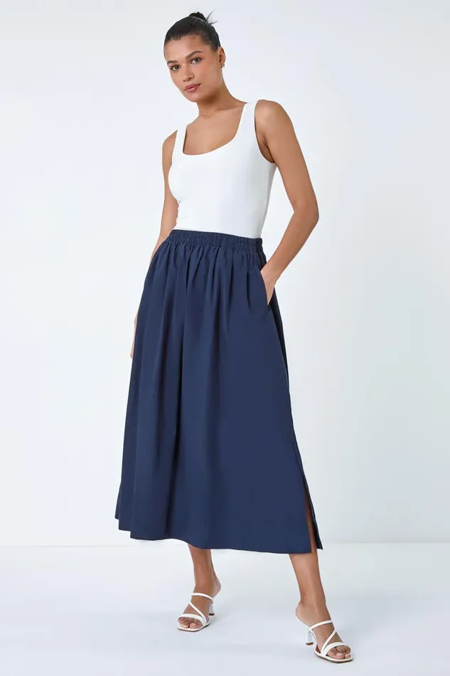 Women Elastic Waist Cotton Poplin A Line Pocket Skirt Roman Skirts