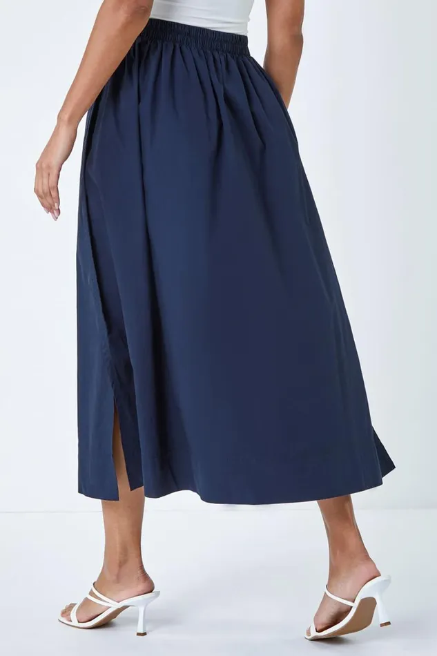 Women Elastic Waist Cotton Poplin A Line Pocket Skirt Roman Skirts