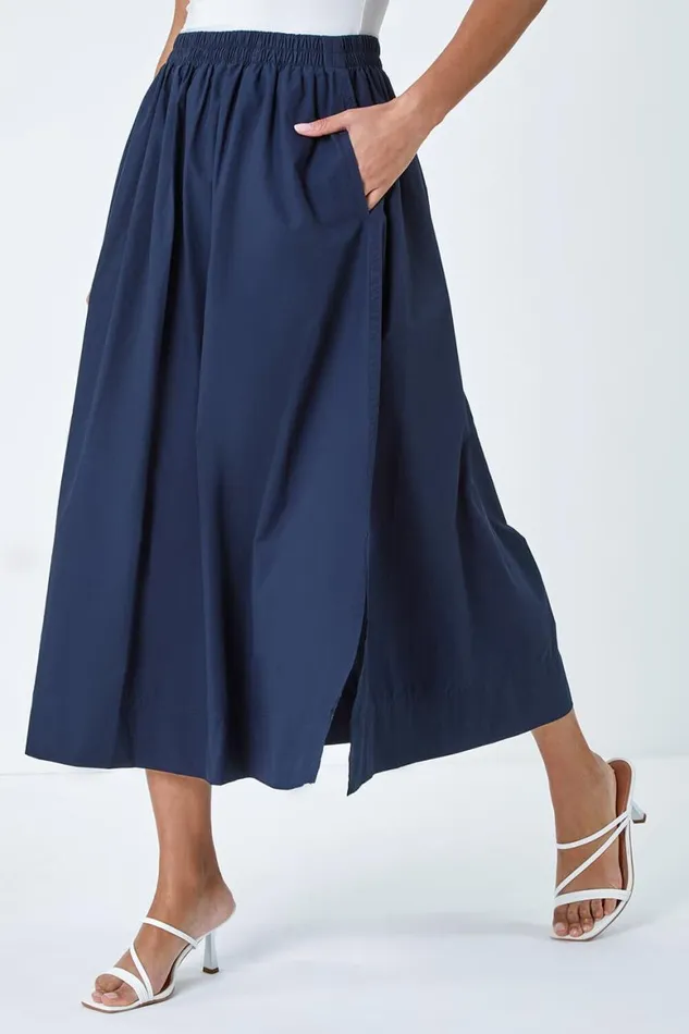 Women Elastic Waist Cotton Poplin A Line Pocket Skirt Roman Skirts