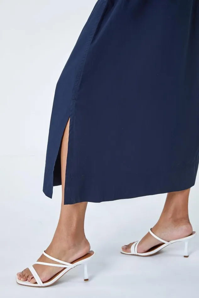 Women Elastic Waist Cotton Poplin A Line Pocket Skirt Roman Skirts