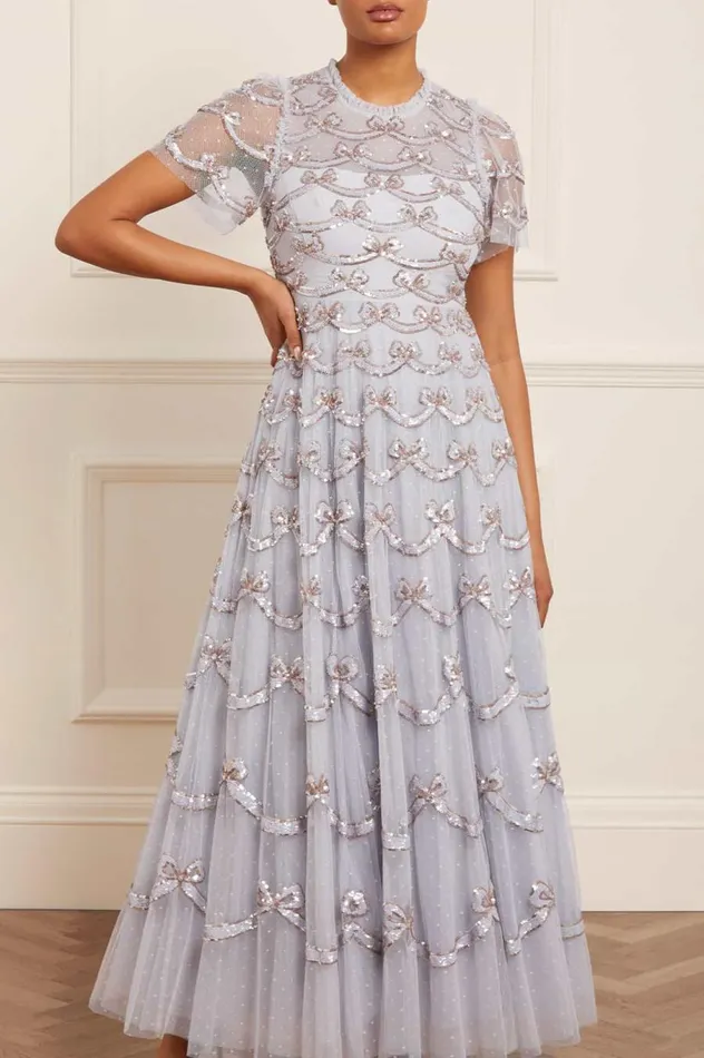 Women Embellished Dresses Needle and Thread Bow Sequin Short Sleeve Gown Blue