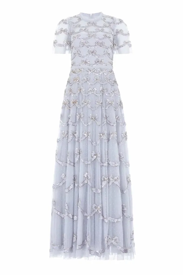 Women Embellished Dresses Needle and Thread Bow Sequin Short Sleeve Gown Blue Women Embellished Dresses Needle and Thread Bow Sequin Short Sleeve Gown Blue