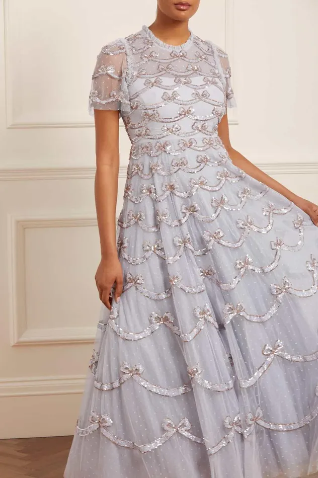Women Embellished Dresses Needle and Thread Bow Sequin Short Sleeve Gown Blue Women Embellished Dresses Needle and Thread Bow Sequin Short Sleeve Gown Blue