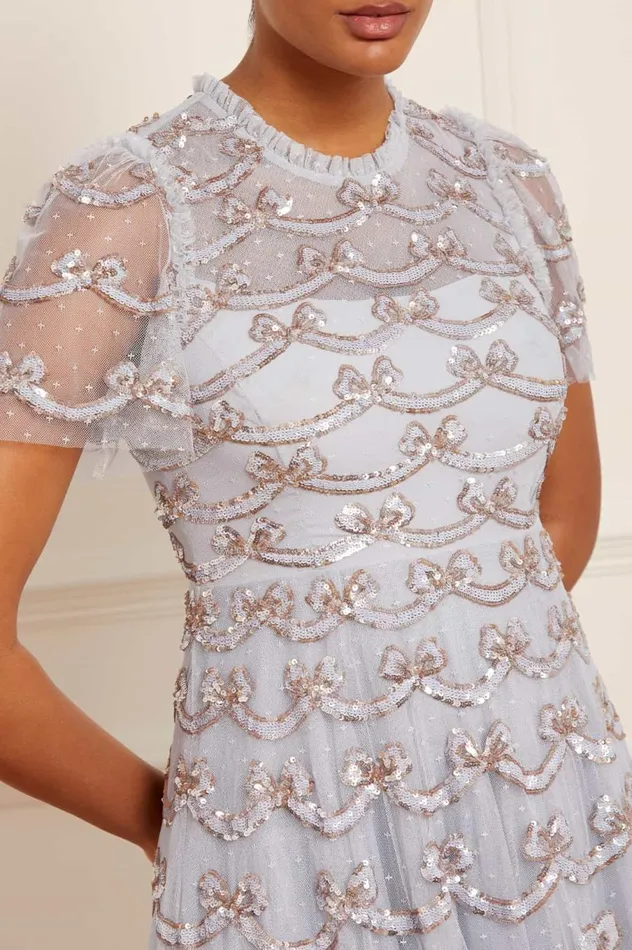 Women Embellished Dresses Needle and Thread Bow Sequin Short Sleeve Gown Blue Women Embellished Dresses Needle and Thread Bow Sequin Short Sleeve Gown Blue