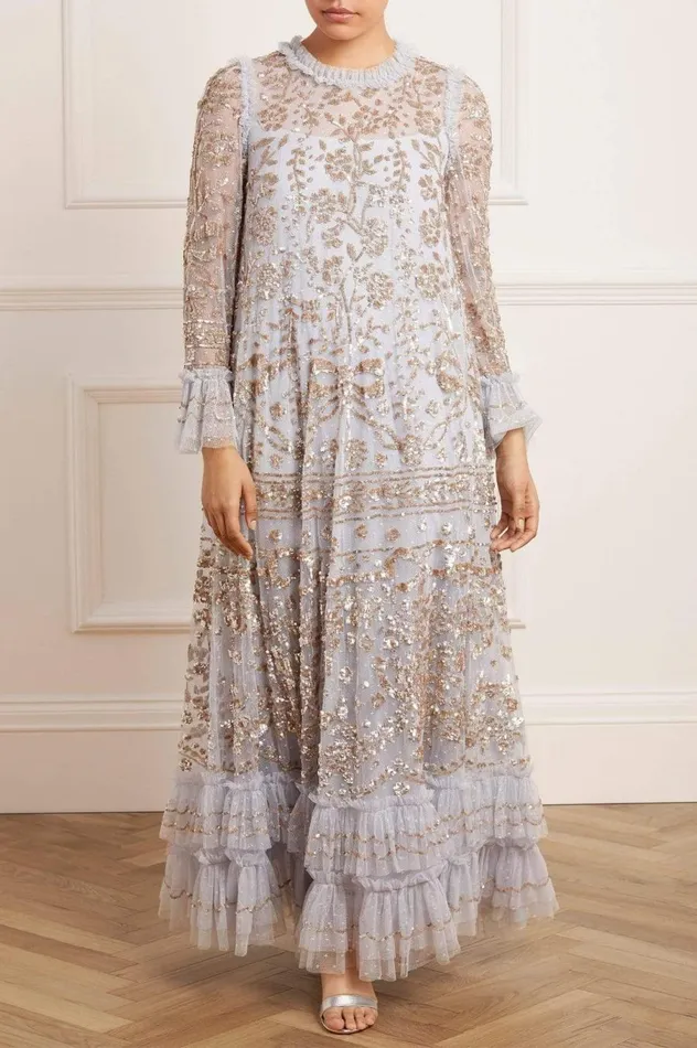 Women Embellished Dresses Needle and Thread Celia Long Sleeve Ankle Gown Blue