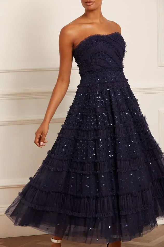 Women Embellished Dresses Needle and Thread Dot Shimmer Tiered Strapless Ankle Gown Blue