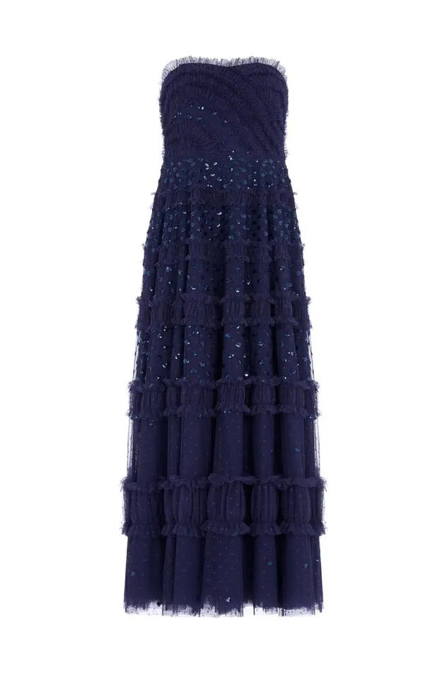 Women Embellished Dresses Needle and Thread Dot Shimmer Tiered Strapless Ankle Gown Blue