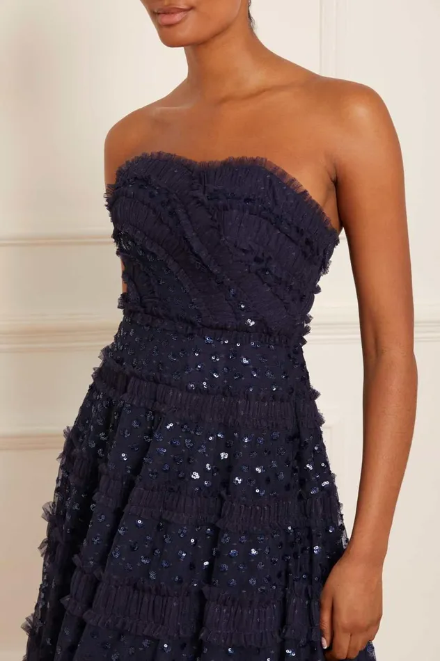 Women Embellished Dresses Needle and Thread Dot Shimmer Tiered Strapless Ankle Gown Blue