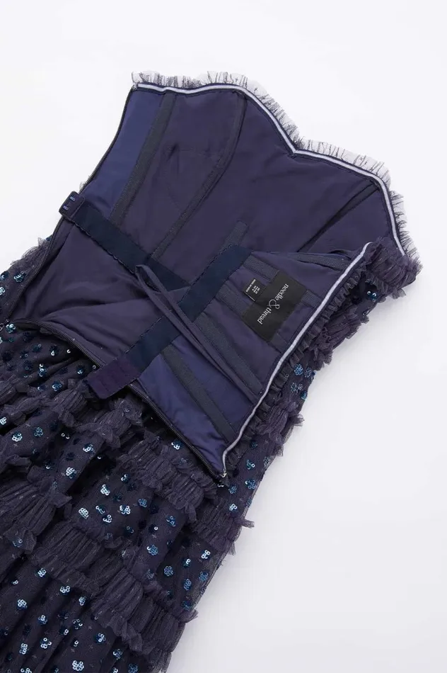 Women Embellished Dresses Needle and Thread Dot Shimmer Tiered Strapless Ankle Gown Blue
