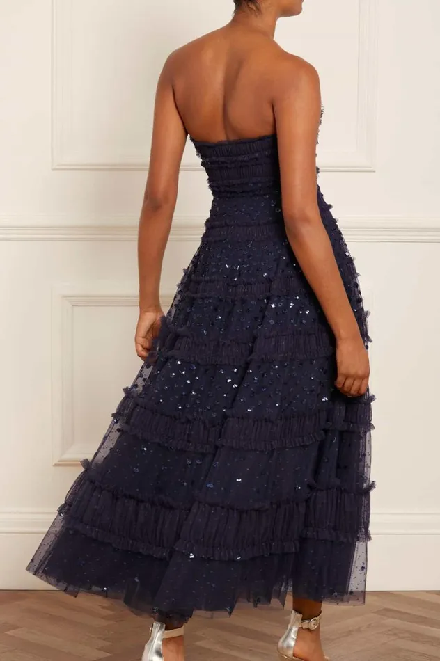 Women Embellished Dresses Needle and Thread Dot Shimmer Tiered Strapless Ankle Gown Blue