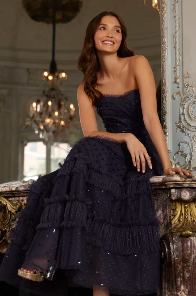 Women Embellished Dresses Needle and Thread Dot Shimmer Tiered Strapless Ankle Gown Blue