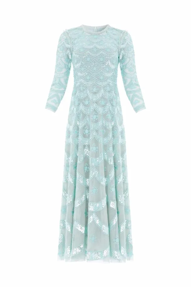 Women Embellished Dresses Needle and Thread Fifi Long Sleeve Ankle Gown Green