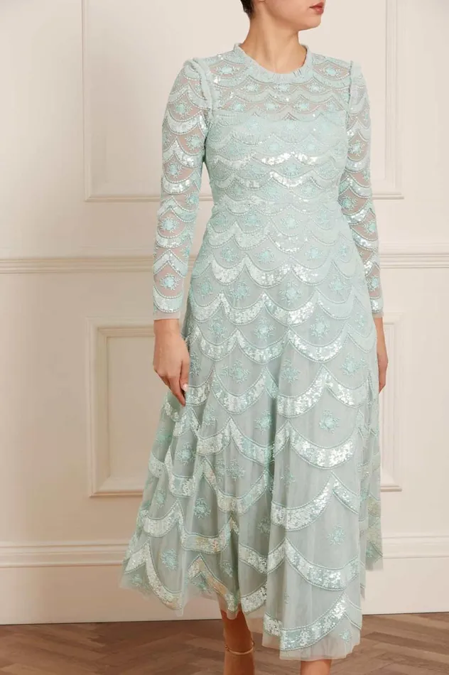 Women Embellished Dresses Needle and Thread Fifi Long Sleeve Ankle Gown Green