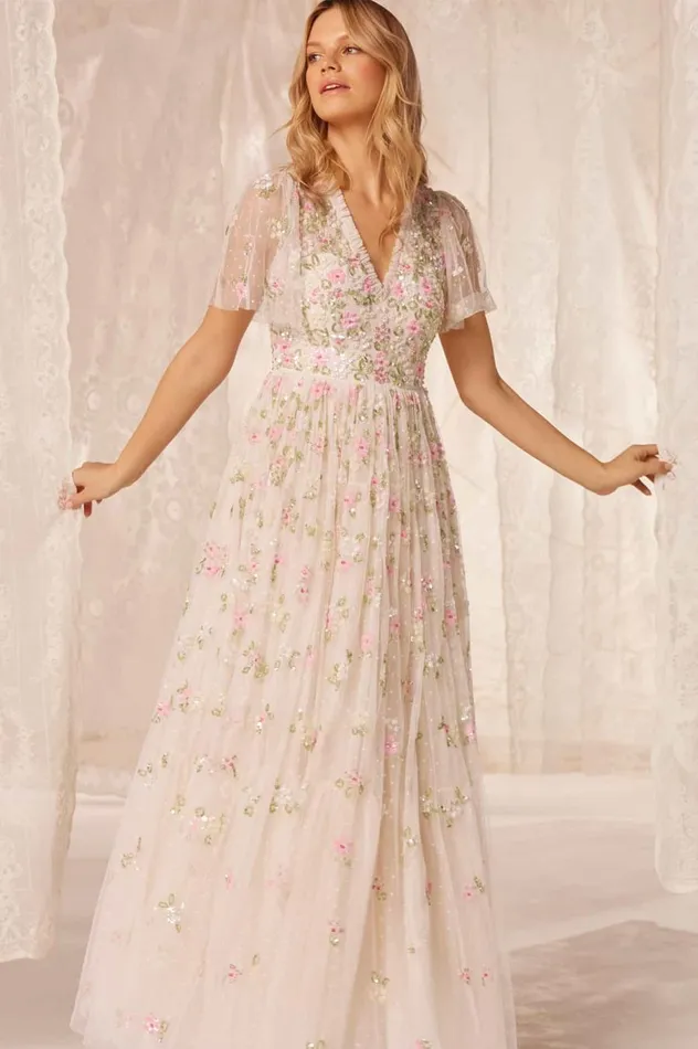 Women Embellished Dresses Needle and Thread Freesia Shimmer VNeck Gown Champagne