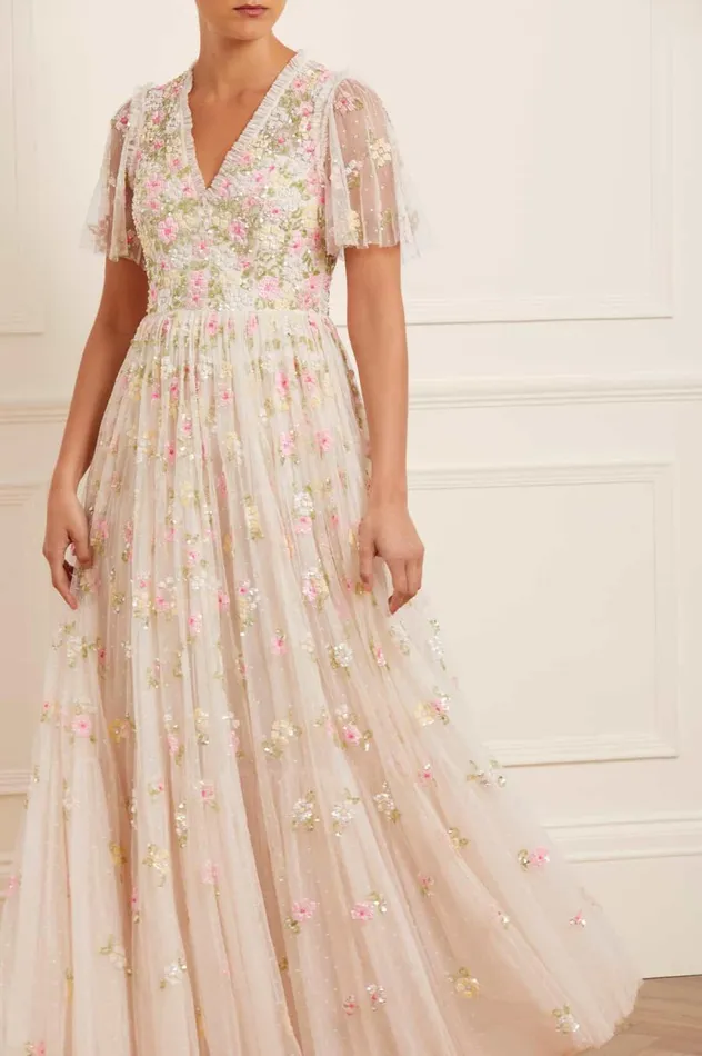 Women Embellished Dresses Needle and Thread Freesia Shimmer VNeck Gown Champagne Women Embellished Dresses Needle and Thread Freesia Shimmer VNeck Gown Champagne