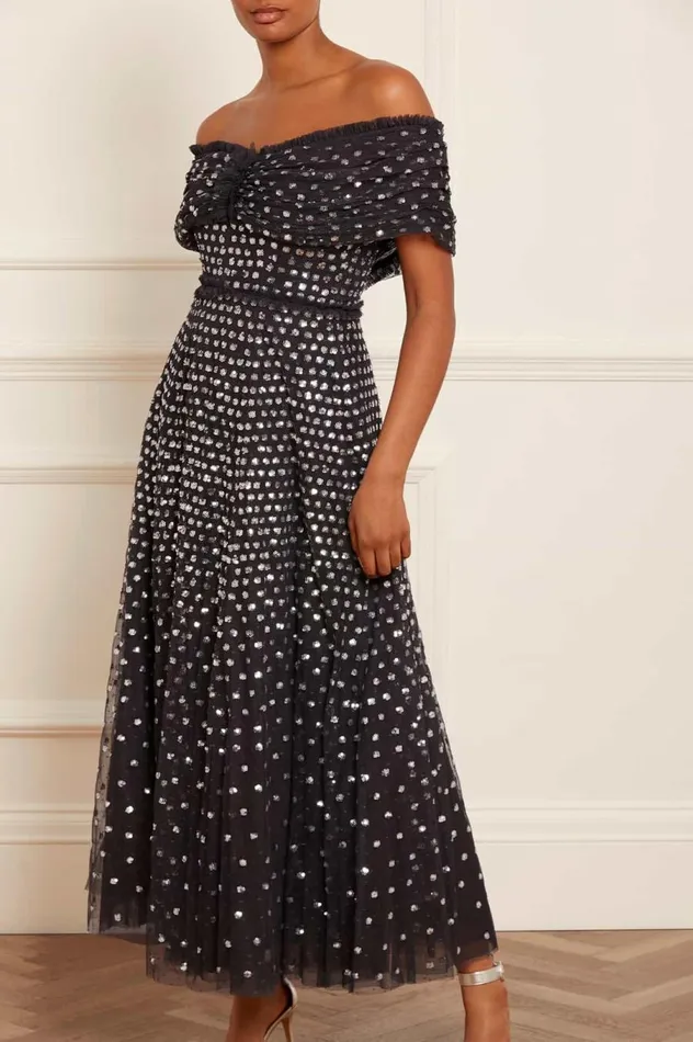 Women Embellished Dresses Needle and Thread Grace Gloss OffShoulder Ankle Gown Black