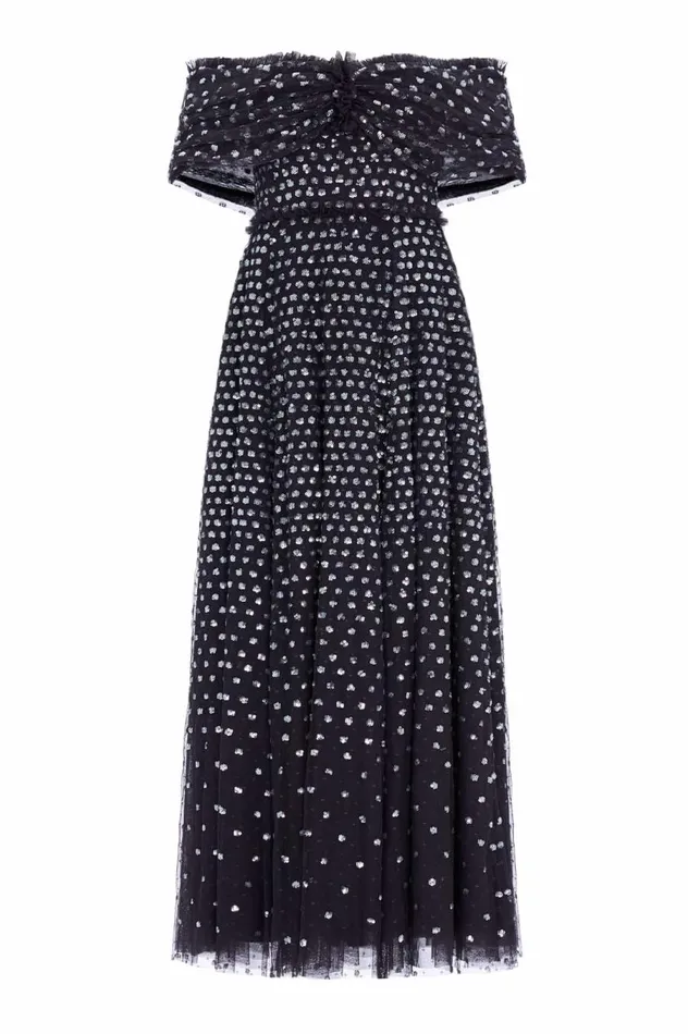 Women Embellished Dresses Needle and Thread Grace Gloss OffShoulder Ankle Gown Black