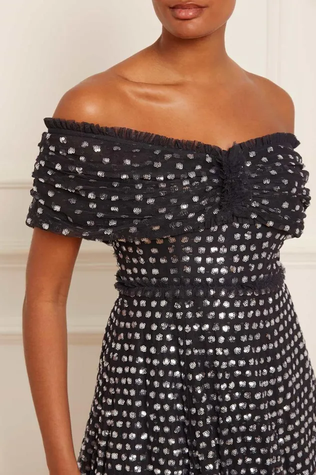 Women Embellished Dresses Needle and Thread Grace Gloss OffShoulder Ankle Gown Black