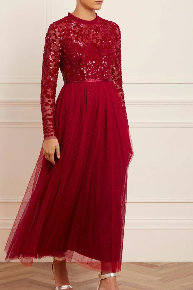 Women Embellished Dresses Needle and Thread Tempest Bodice Ankle Gown Red