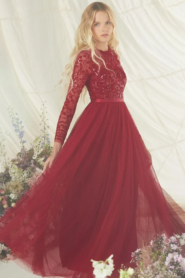 Women Embellished Dresses Needle and Thread Tempest Bodice Ankle Gown Red
