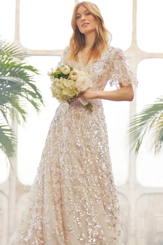 Women Embellished Dresses Needle and Thread Trailing Bow Gown Champagne