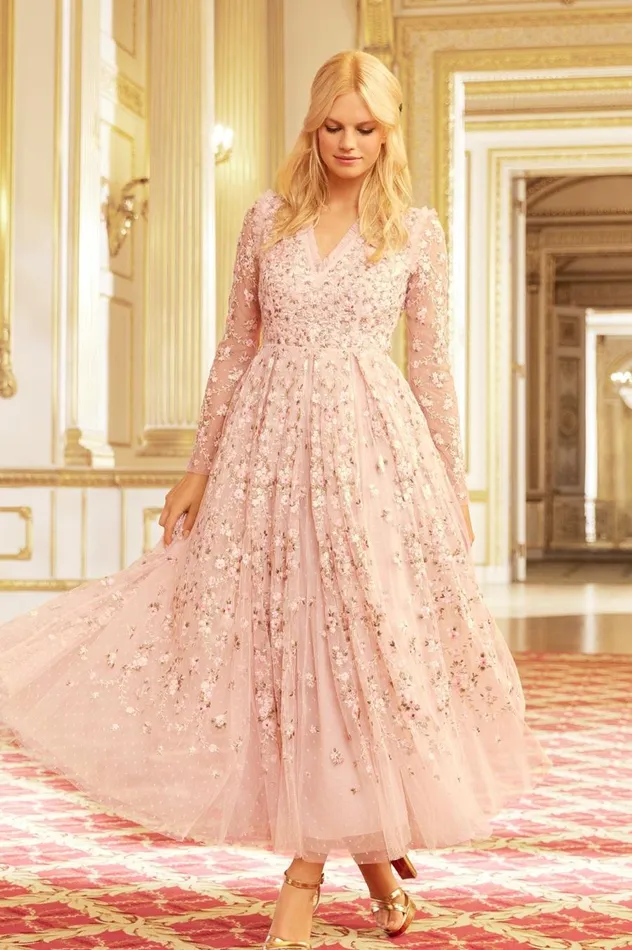 Women Embroidered Dresses Needle and Thread Victoria Ditsy VNeck Ankle Gown Pink