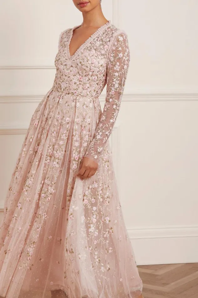 Women Embroidered Dresses Needle and Thread Victoria Ditsy VNeck Ankle Gown Pink